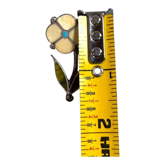 Vintage Zuni Inlaid Rosita Anselm Wallace Flower Turquoise MOP Silver Pin Brooch - Picture 3 of 4